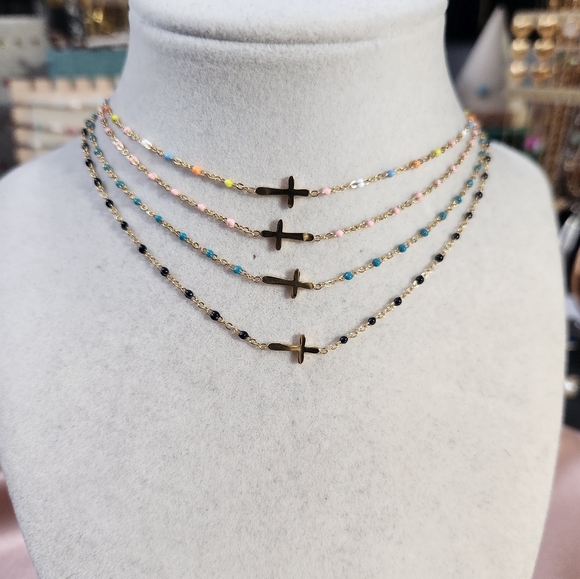 Jewelry - Gold stainless steel cross bead necklace